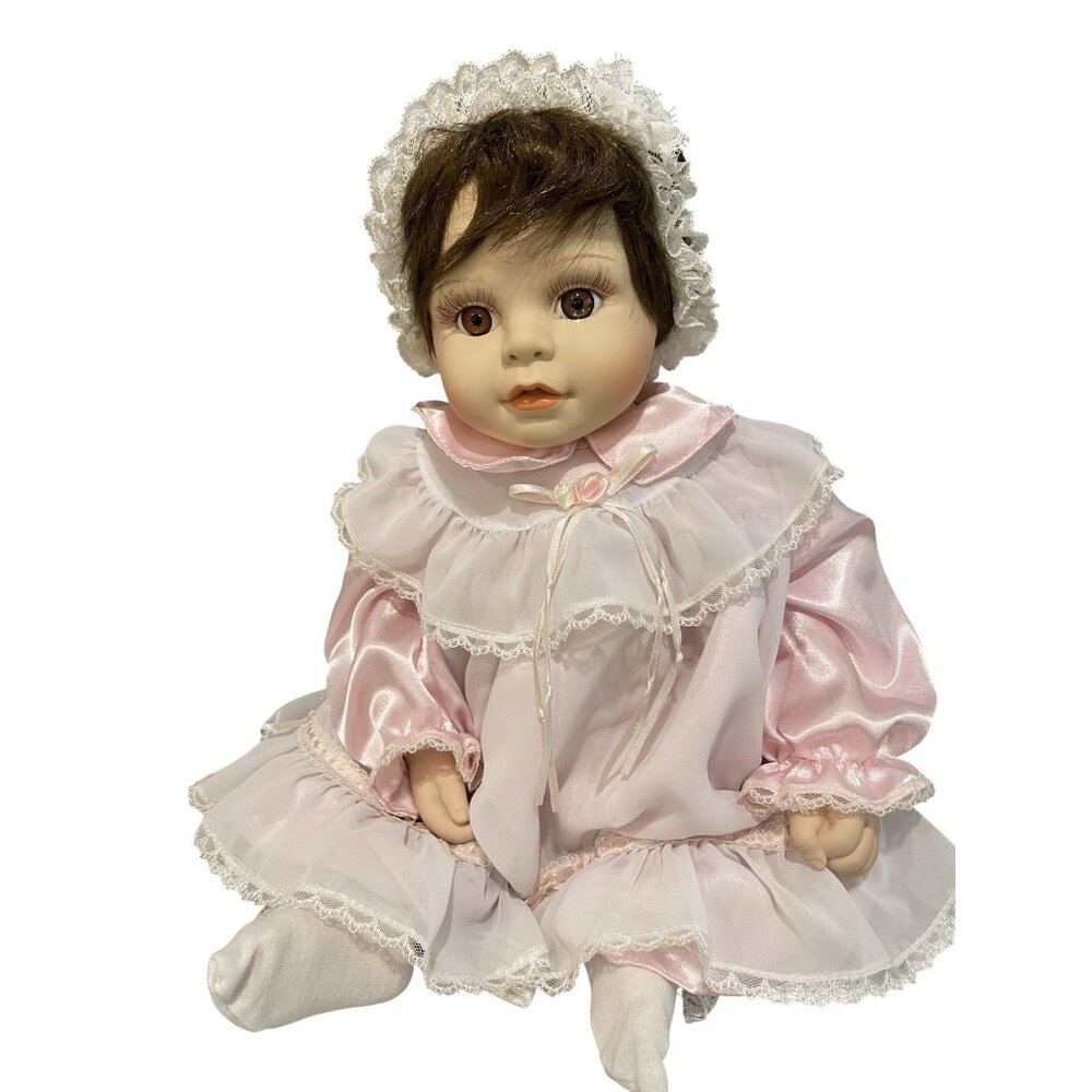 Vintage Baby Doll 1999 Nina Rich Pink Dress Brown Hair Lace Bonnet